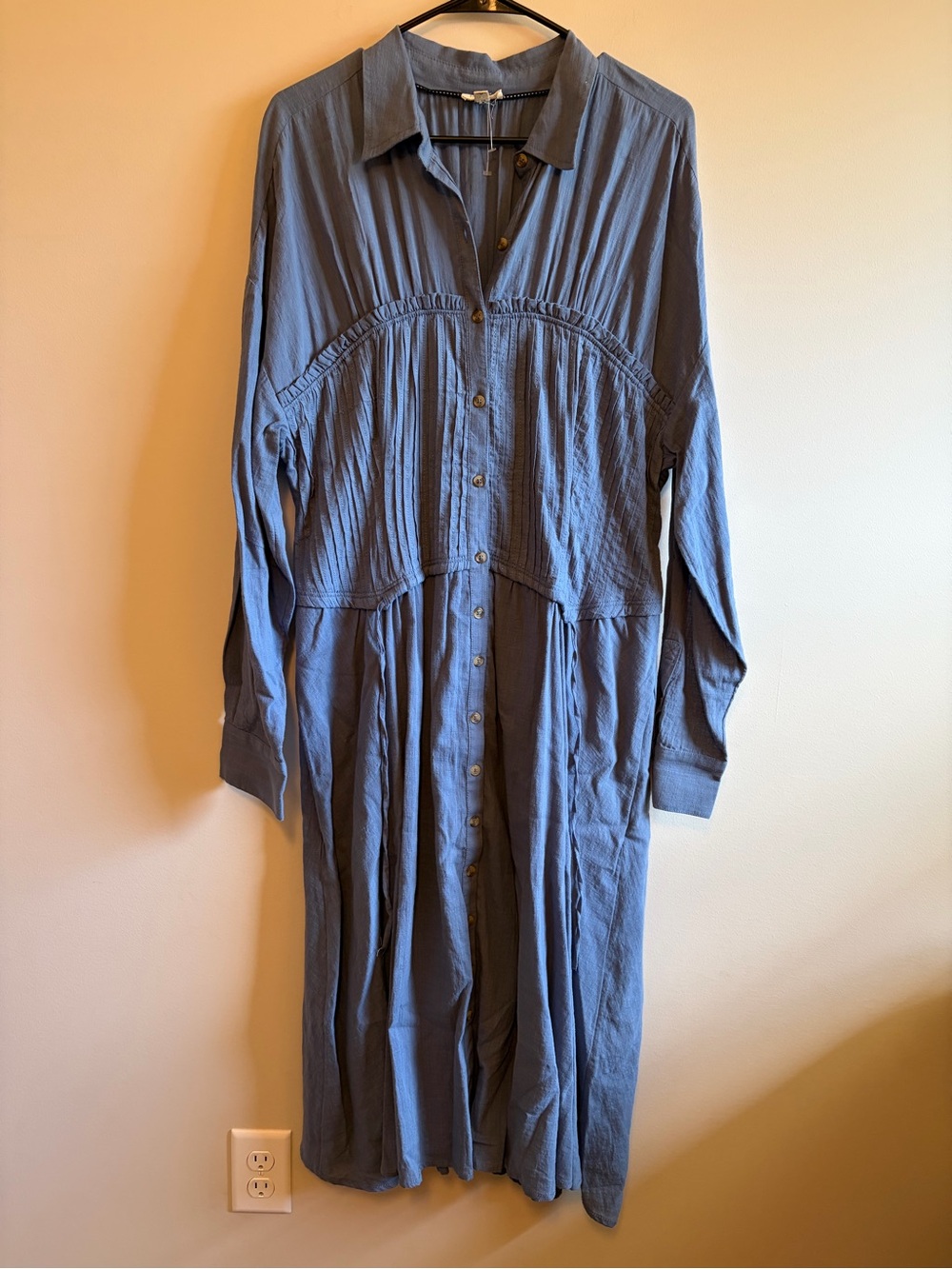 Pilcro Dusty Blue Button-Front Midi Shirtdress with Smocked Waist - Picture 2 of 13